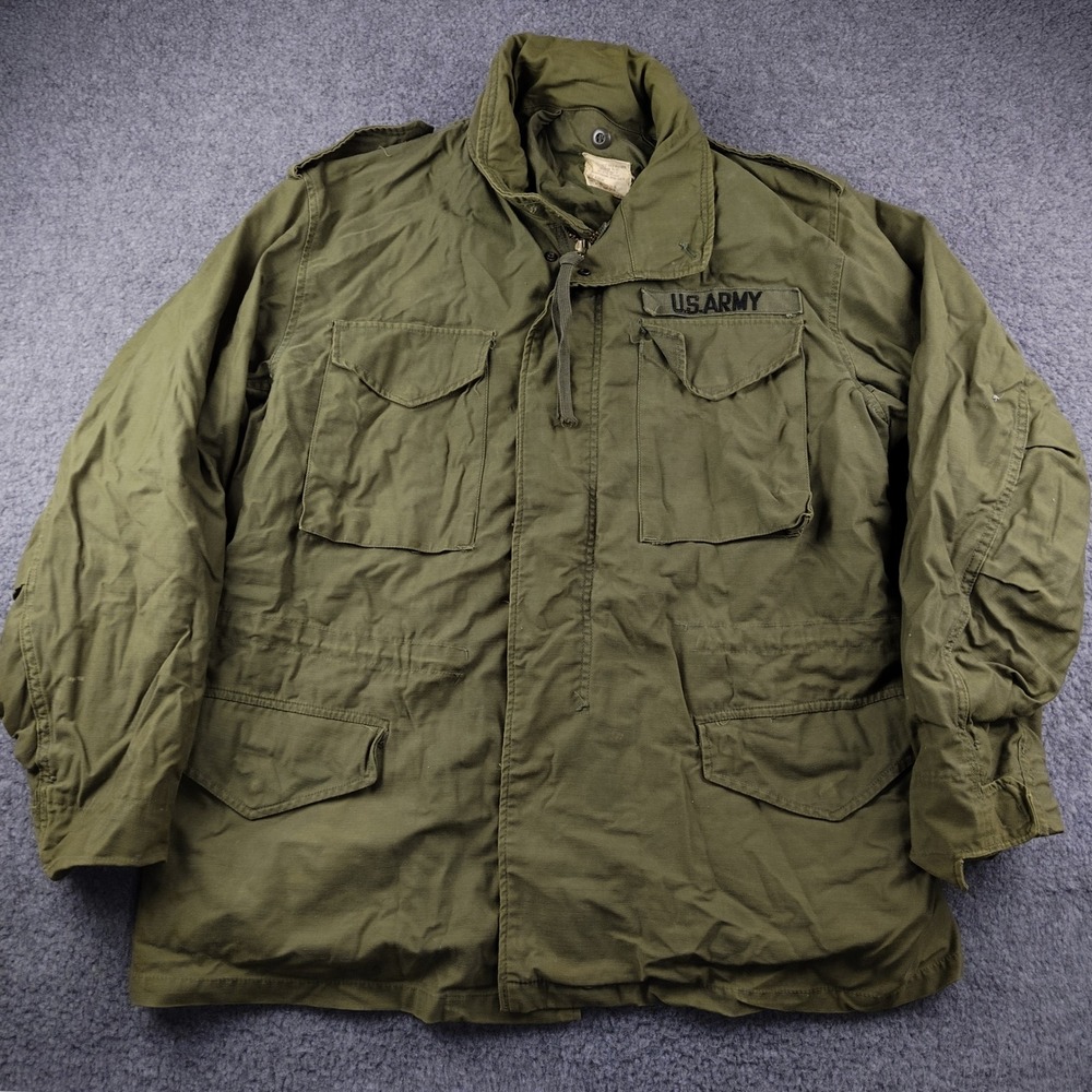 VTG 70s US Army Field Coat Mens Large M-65 OG-107 Green Military Jacket Patch